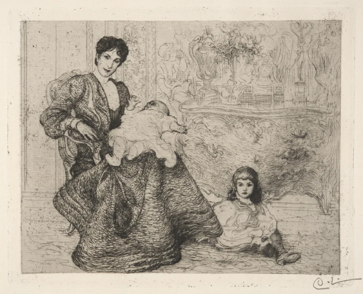 a woman and a child are shown in a drawing