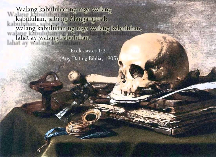 a painting of a skull with books in front of it