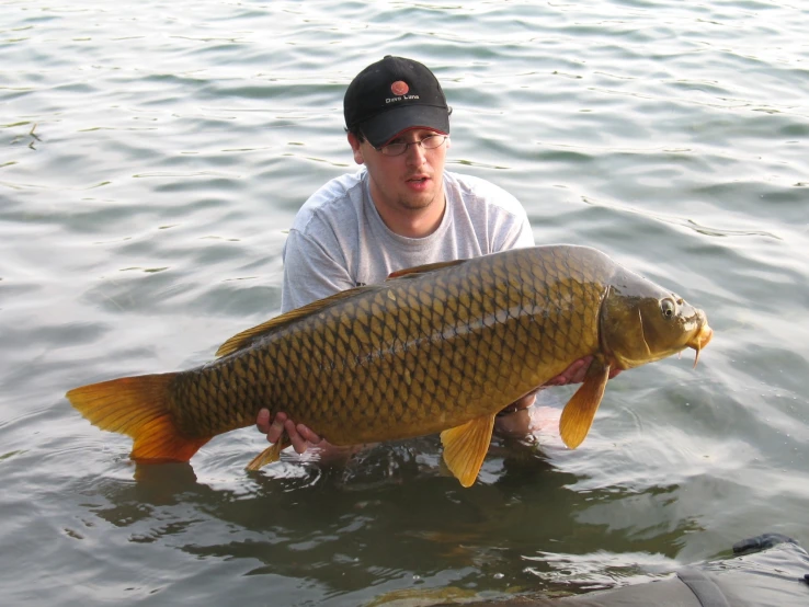 a man squats in water while holding a large fish