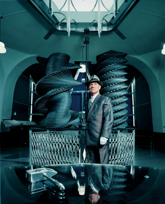 an older man in a gray suit is standing near a cart filled with black objects