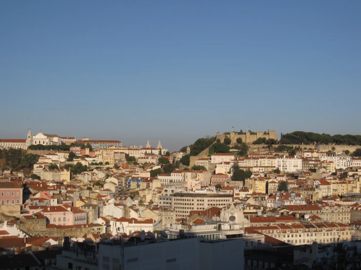 city skyline with old buildings and a castle on the top