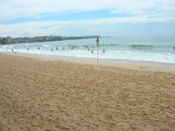 several people at the ocean, some are standing on beach waves and one person is in the water