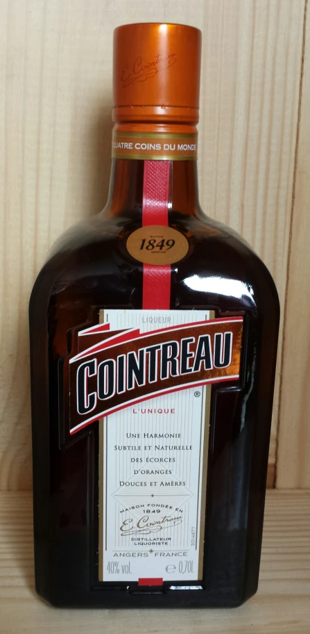 the back of a bottle of liquor, labeled contreau