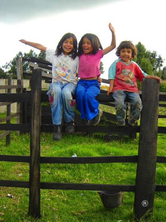 three children sitting on a fence and smiling