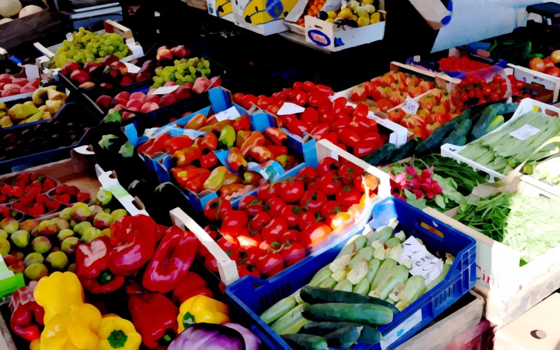 various kinds of fresh fruit and vegetables are being sold
