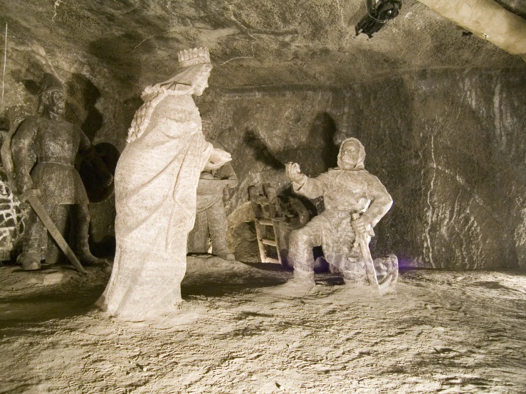 some people in a cave with an animal statue