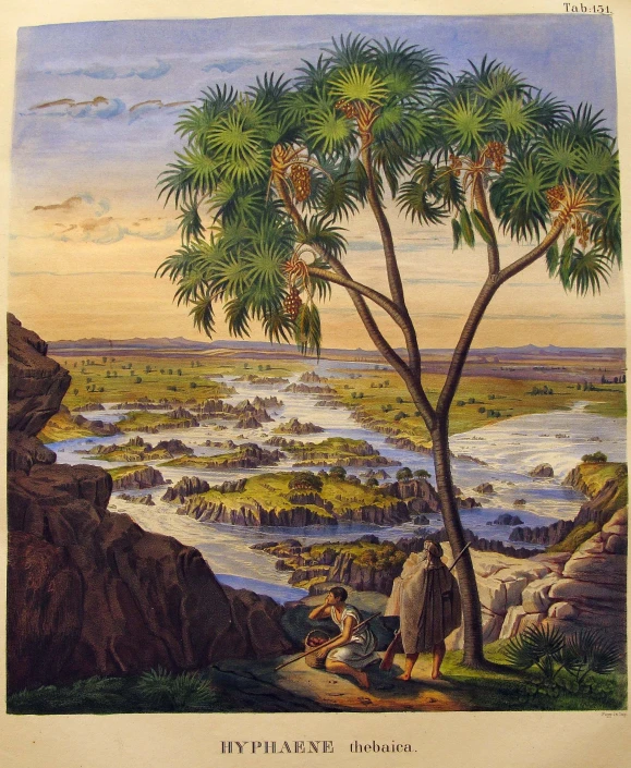 a painting with water, rocks, and trees near by