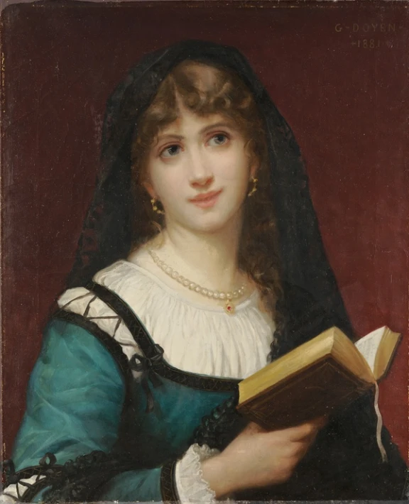 painting of woman in blue holding book next to red wall