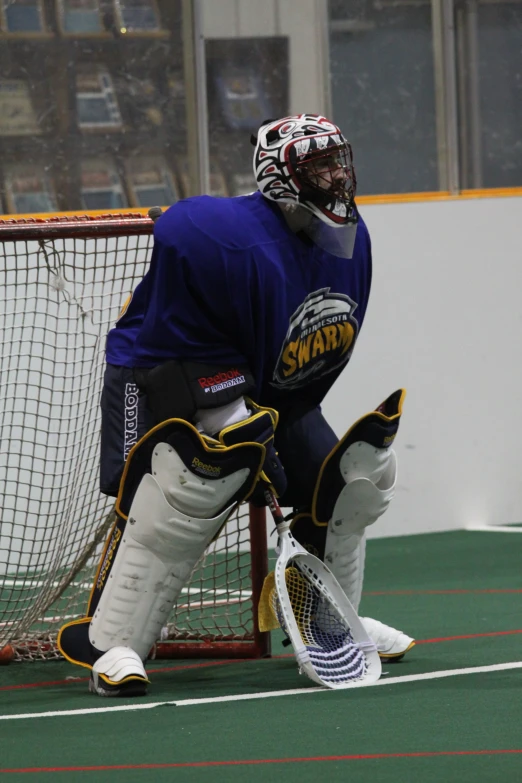 a man wearing safety gear kneels down next to a goal