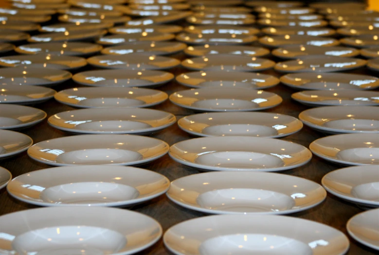 rows of white dinner plates with gold trim around them