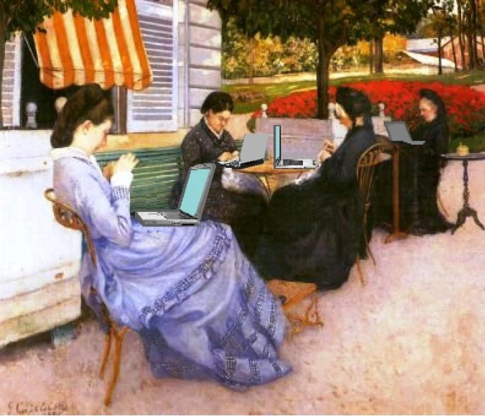 a painting depicting two women sitting at a table outside and one woman in a long dress on her lap