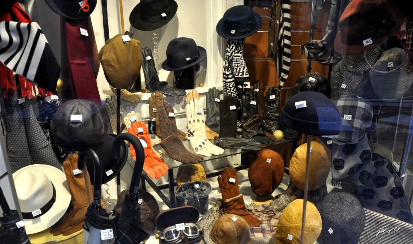 many hats hanging in a glass store window