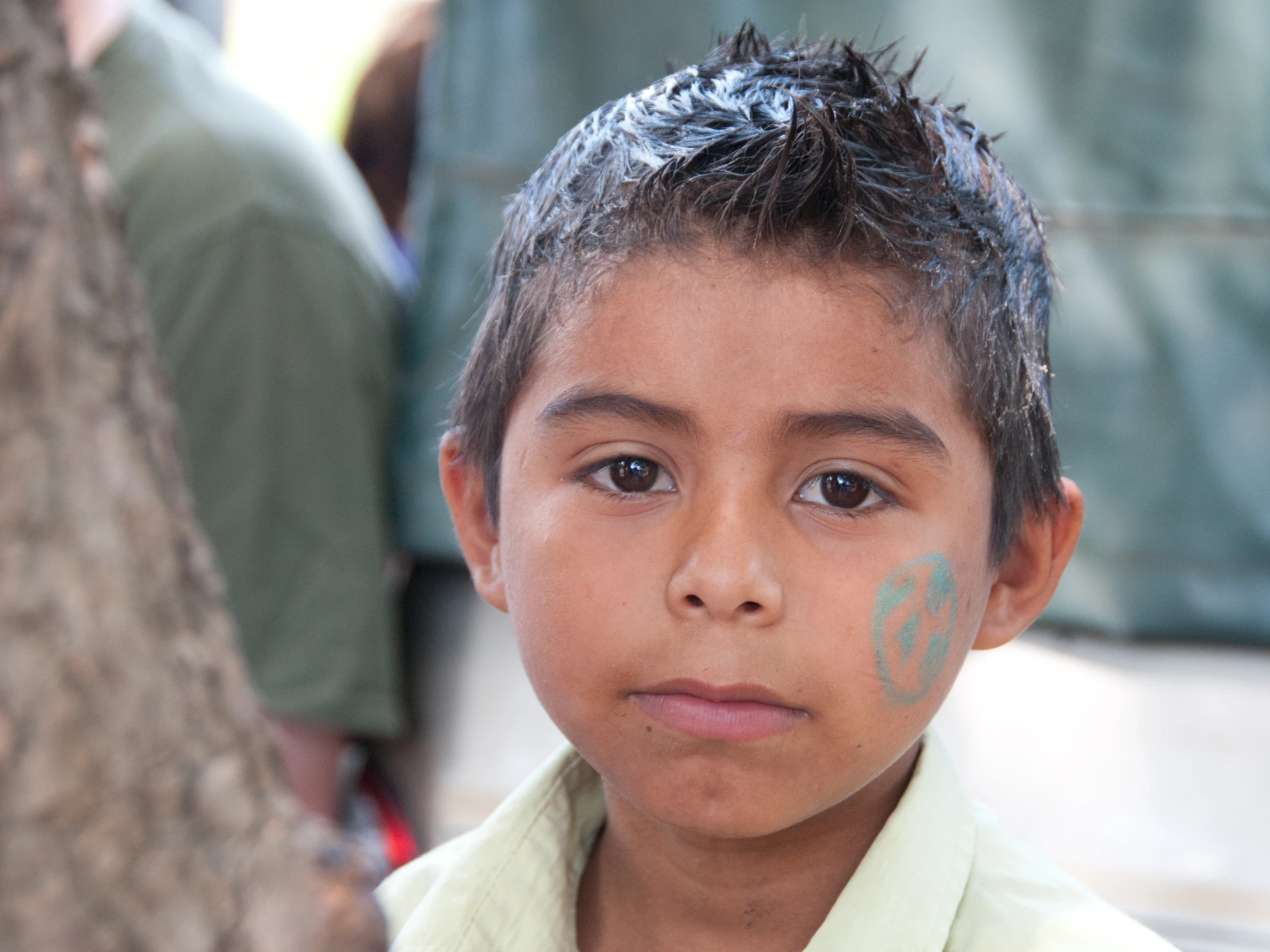 a boy has his hair spray painted white on his face