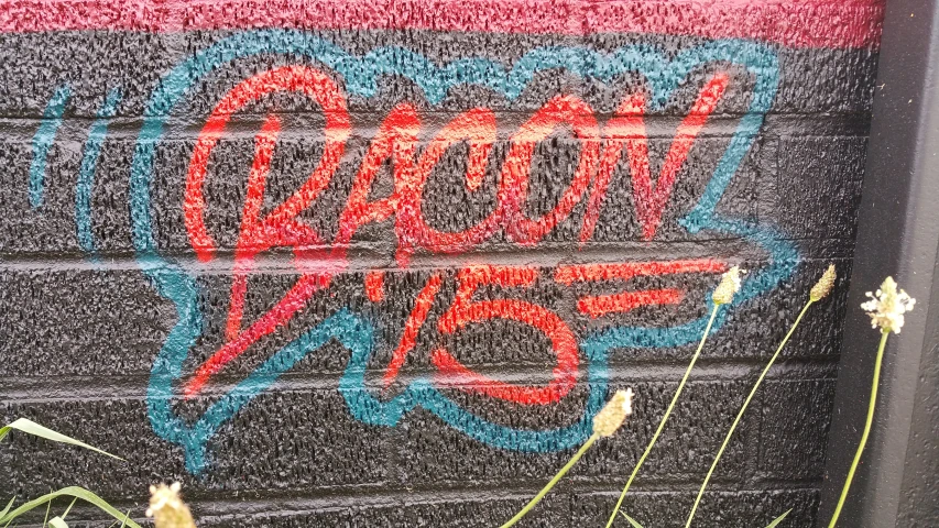 a graffiti - tagged fire hydrant on a red, white and blue painted wall