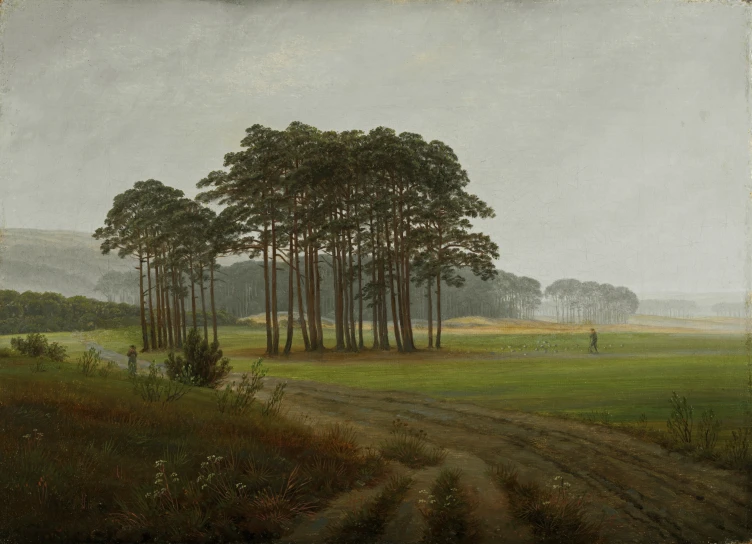 a painting depicting people walking on a dirt road through trees
