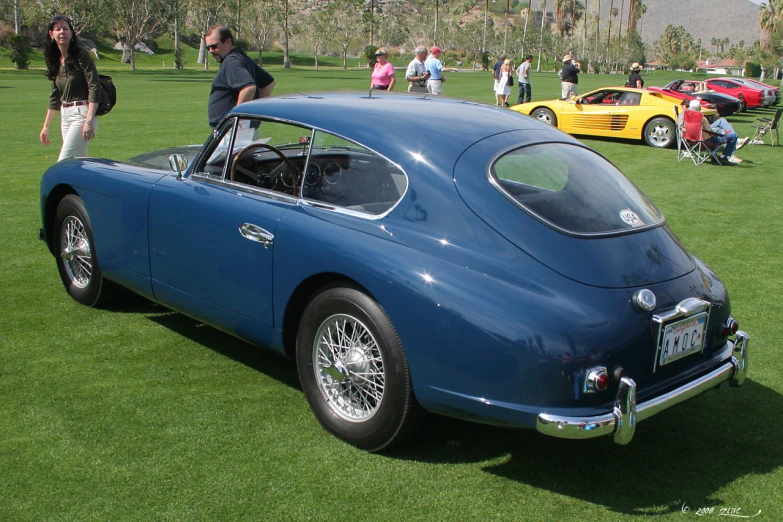 a blue classic car sitting on top of a lush green field