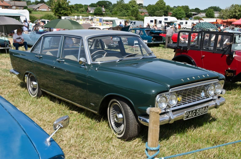 a group of cars parked in a field of grass