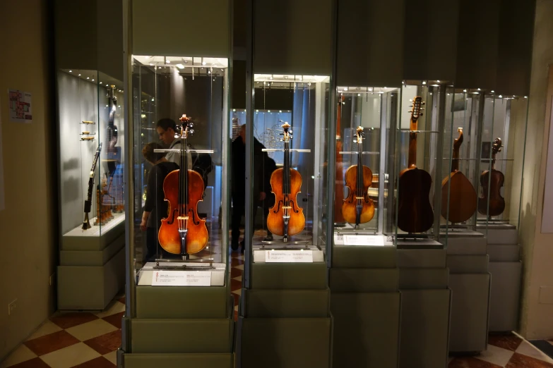 several musical instruments are being displayed in case