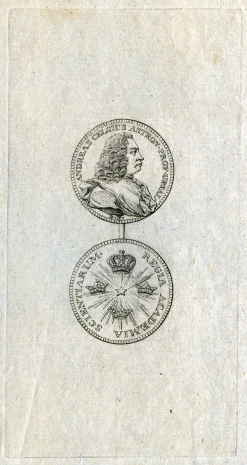 a drawing shows two identical medals with the image of a king and queen on them