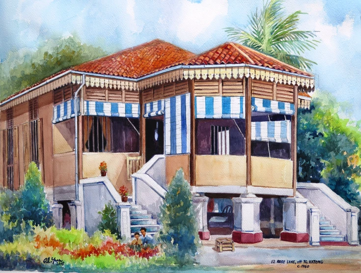 a painting of a house with blue and white stripes