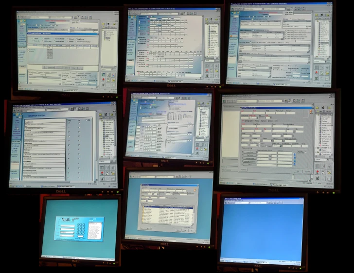 nine screens, showing many types of computer