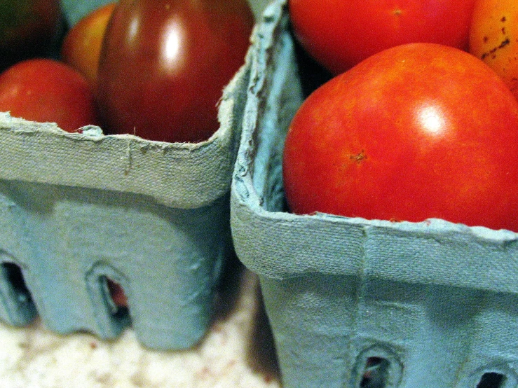 two plastic baskets holding tomato's and other fruits