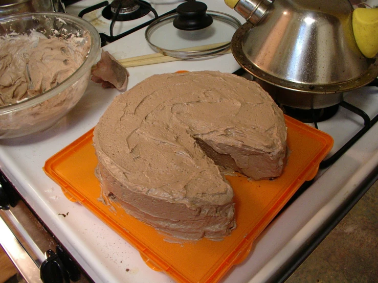 there is cake that has been placed on the burner