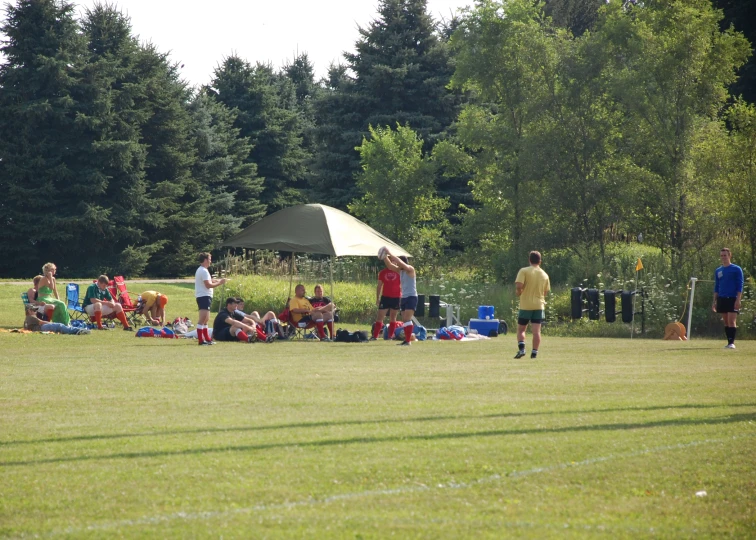 s are playing soccer with their parents in a field