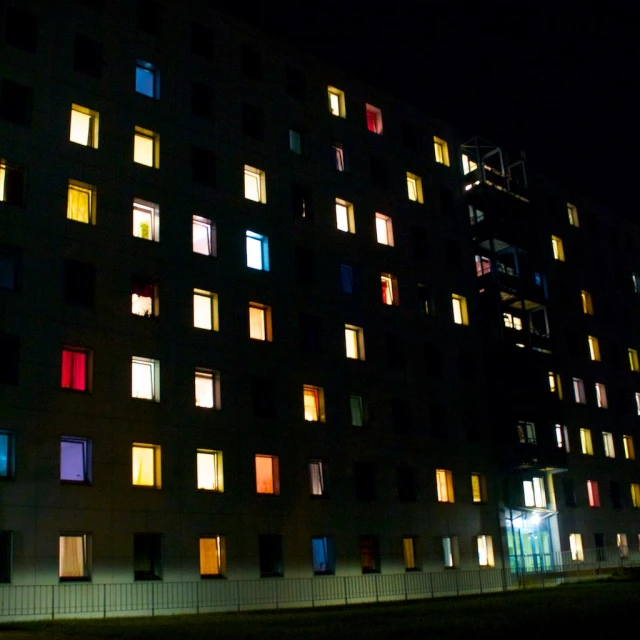 the building is full of windows at night