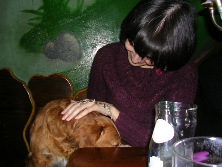 a woman grooms her dog at the table