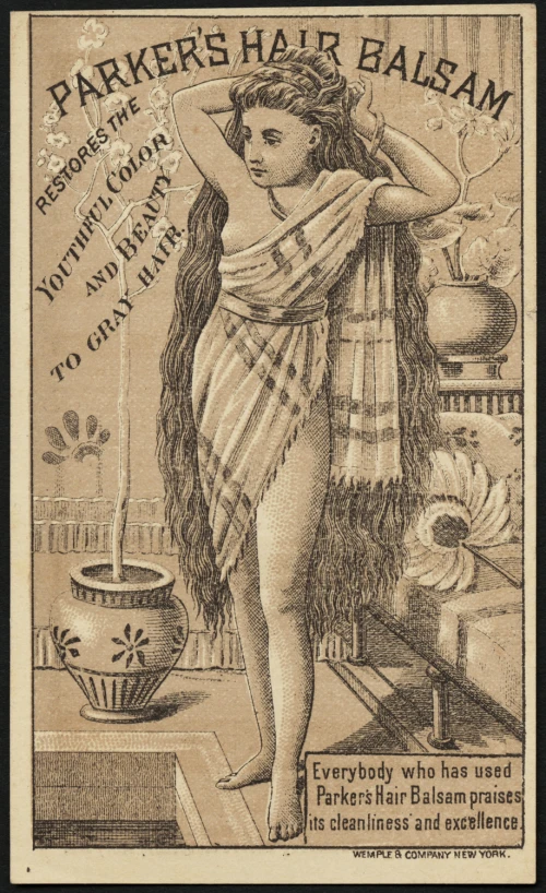 an old advertit with a woman and potted plant