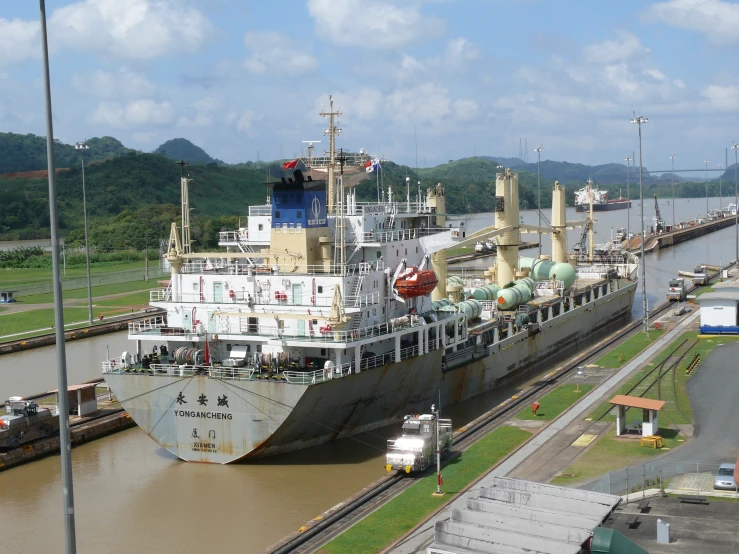 the large ship is anchored in the water