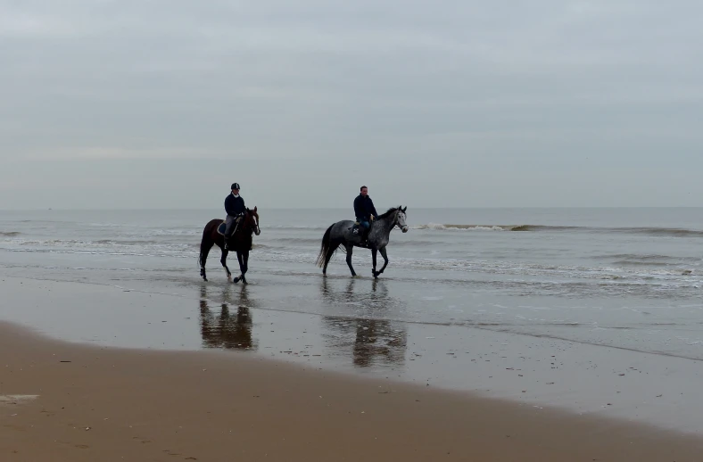 two people riding horses along the beach near the ocean
