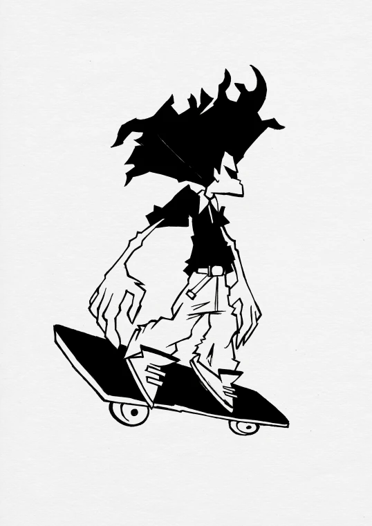 a black and white illustration of a skateboarder