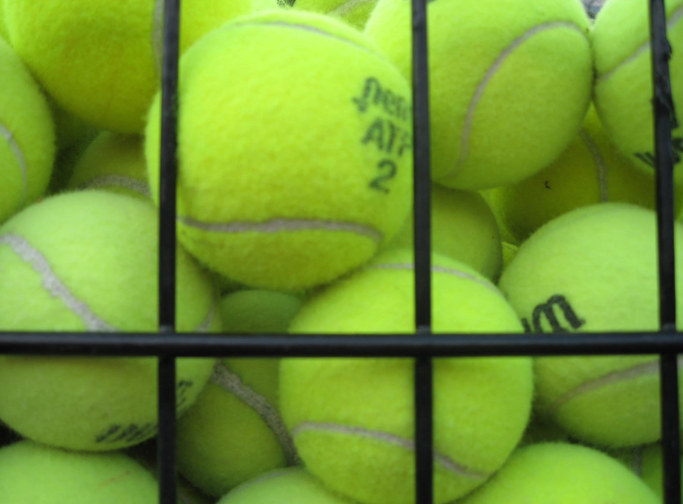 a bunch of tennis balls sitting on top of a metal cage