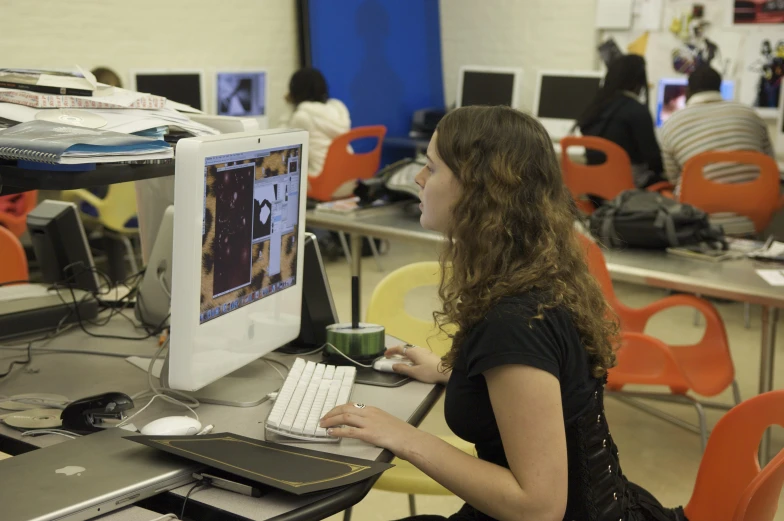 a woman is sitting at a computer desk