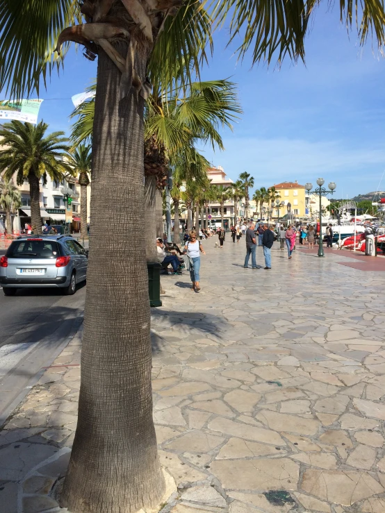 people walking on a paved sidewalk next to the ocean