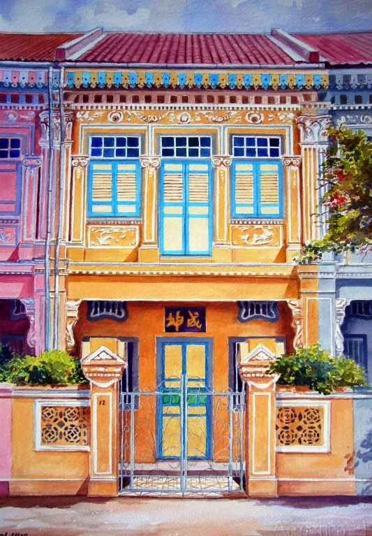 the front of an old yellow house with windows painted blue