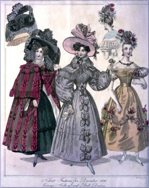 four ladies in vintage fashions are dressed in evening dresses