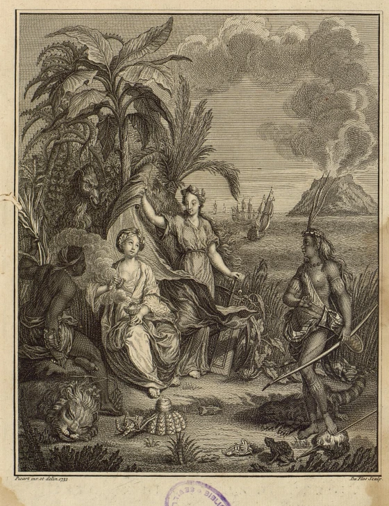 an old engraving shows a man walking with a baby