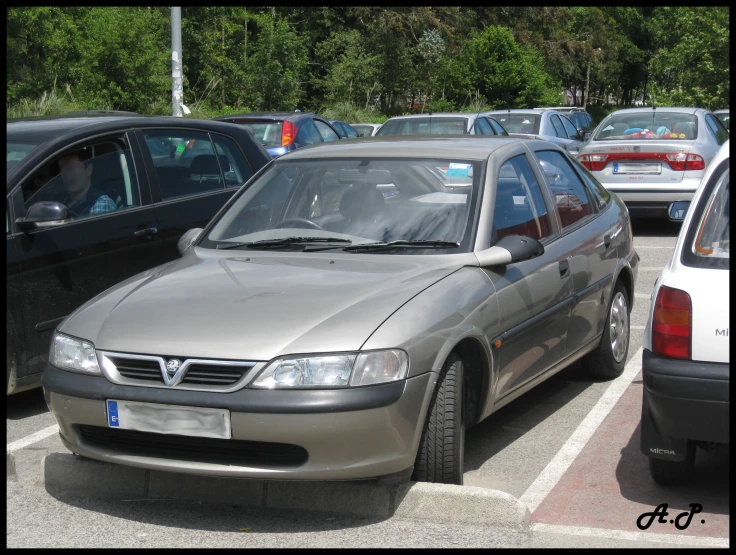 some cars in parking lot with trees and bushes in background