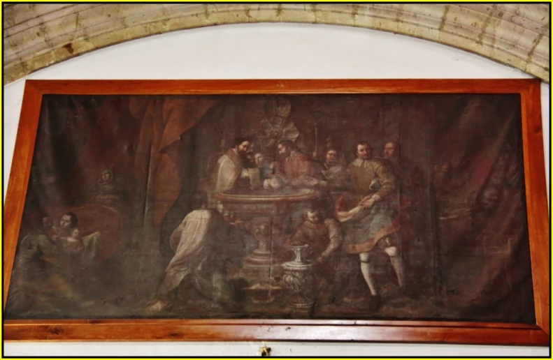 an image of a painting on display behind a wooden frame