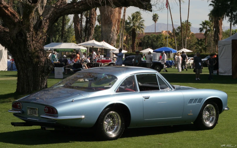 the classic car is parked on the grass in front of many trees