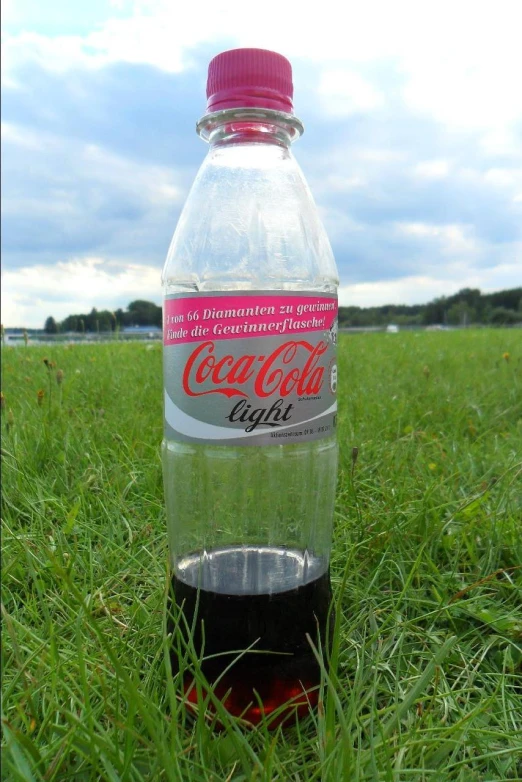 an empty bottle sits on the ground in a field of grass