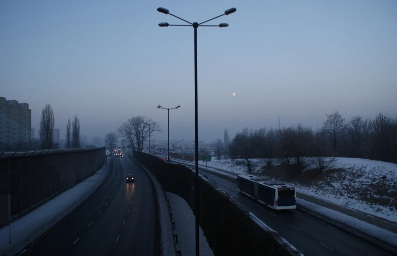 a view of an interstate highway, during winter time