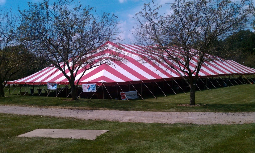 red and white tent set up for an event