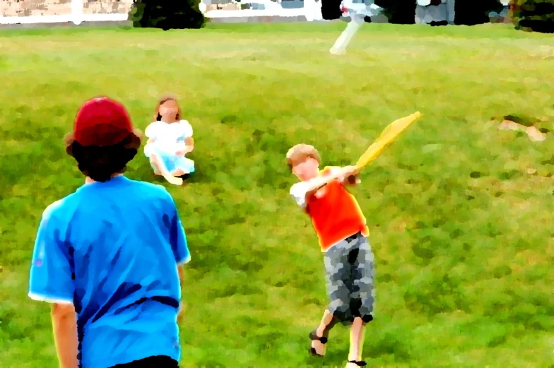 two boys with a baseball bat are playing baseball in a grassy field