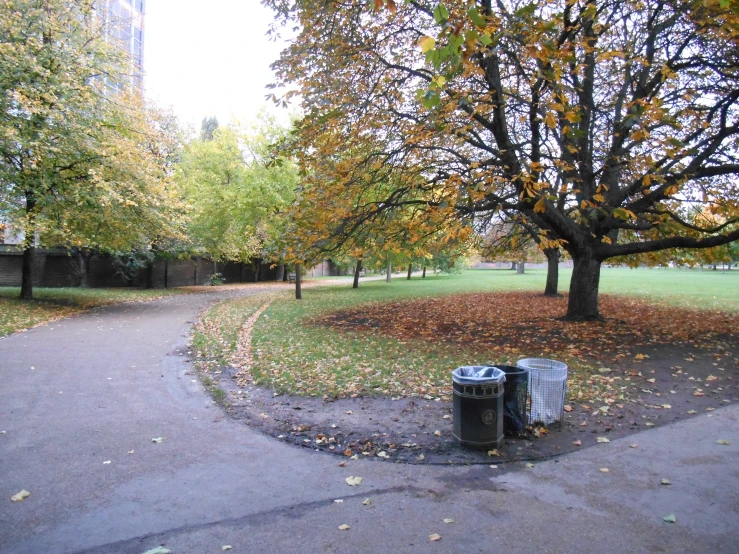 two trash cans in a park on a pathway