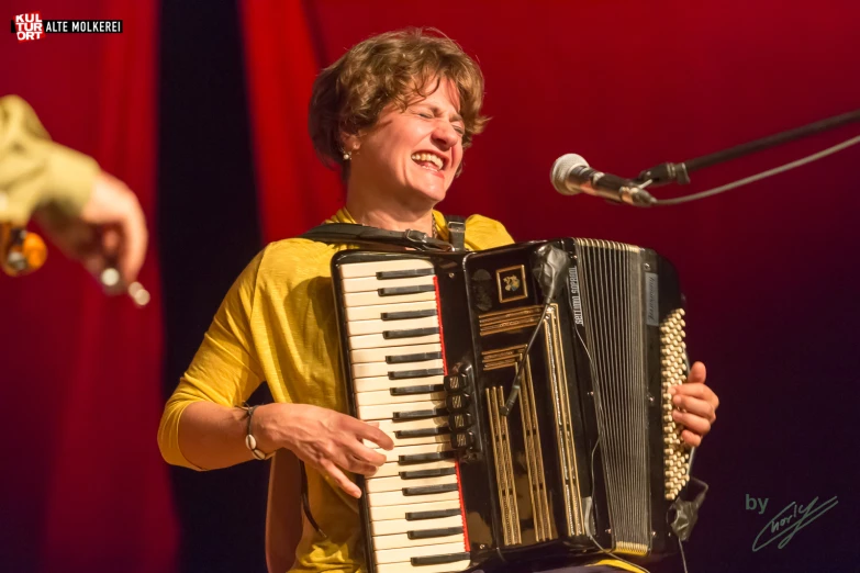 a person that is playing an accordion in front of a microphone