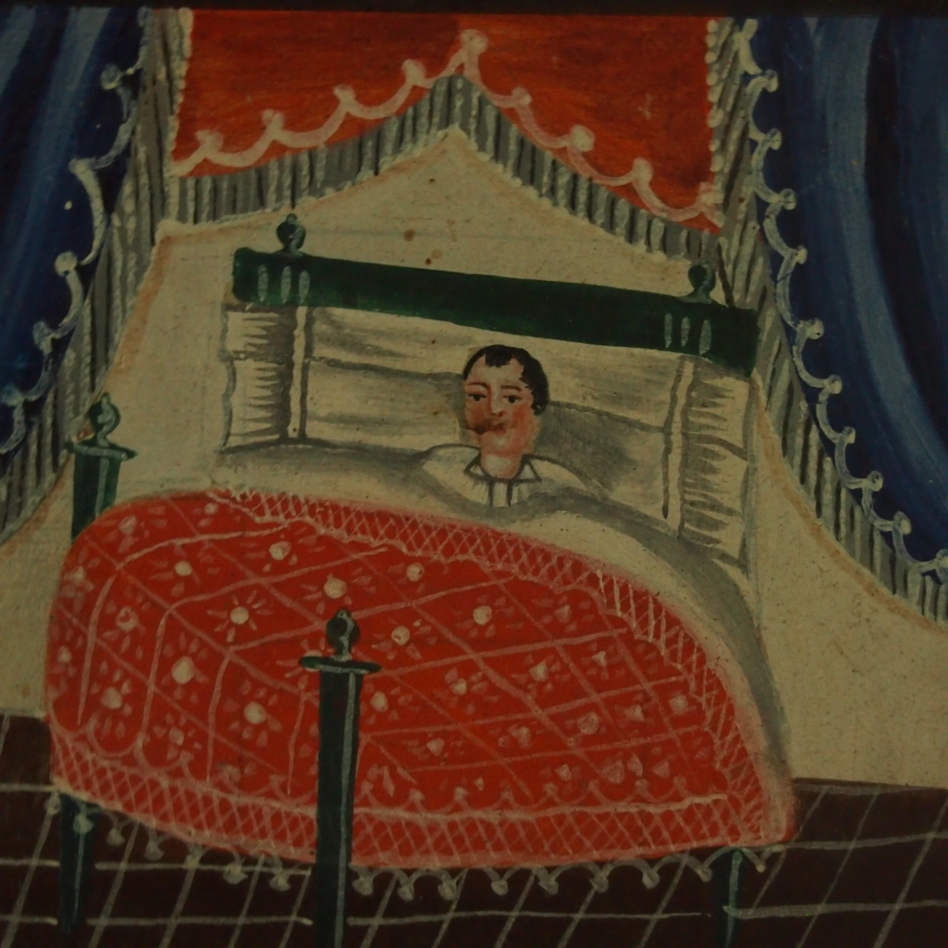 the painting shows a man in bed sleeping on the red blanket